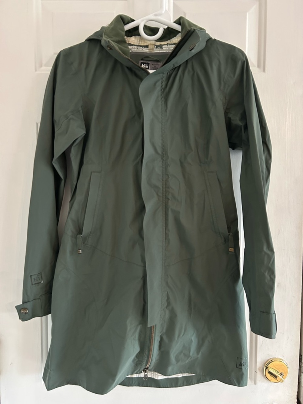 REI Women’s Olive Green Waterproof Hooded Raincoat